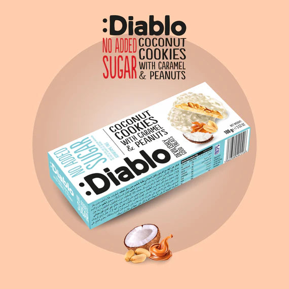 Diablo zuckerfreie Kokoskekse mit Karamell und Erdnüssen (100g) nur 3,3 g anrechenb. KH/pro Cookie