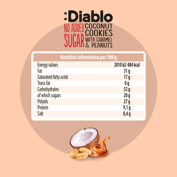 Diablo zuckerfreie Kokoskekse mit Karamell und Erdnüssen (100g) nur 3,3 g anrechenb. KH/pro Cookie