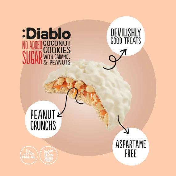 Diablo zuckerfreie Kokoskekse mit Karamell und Erdnüssen (100g) nur 3,3 g anrechenb. KH/pro Cookie