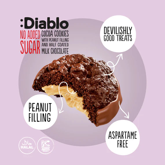 Diablo zuckerfreie Kakaokekse mit Ernussfüllung getaucht in Vollmichschokolade (110g) nur 3,3 g anrechenb. KH/pro Cookie