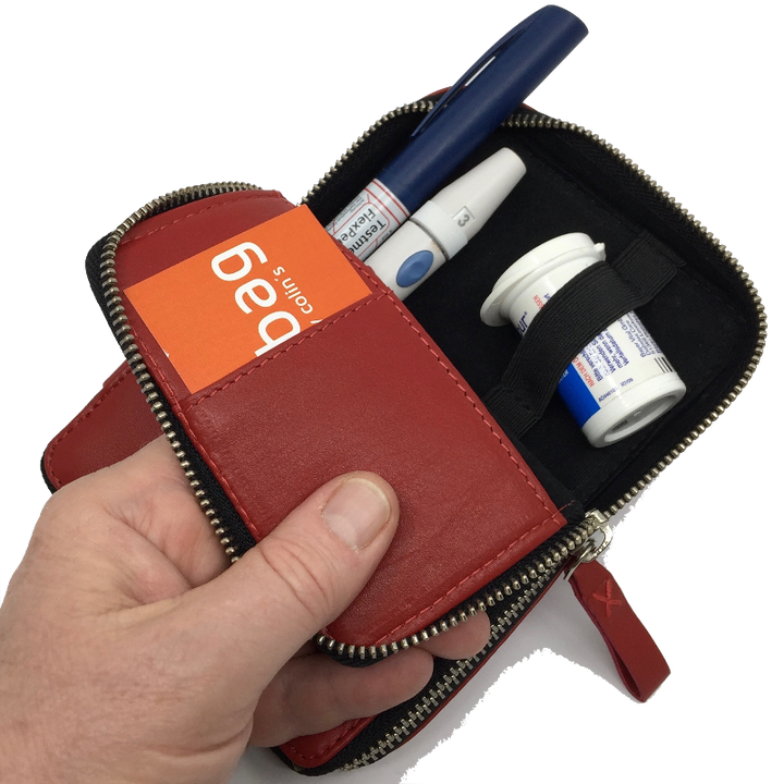 Diabetes Zubehörtasche diabag ''ONE plus'' Rindnappa Leder Rot Halboffen