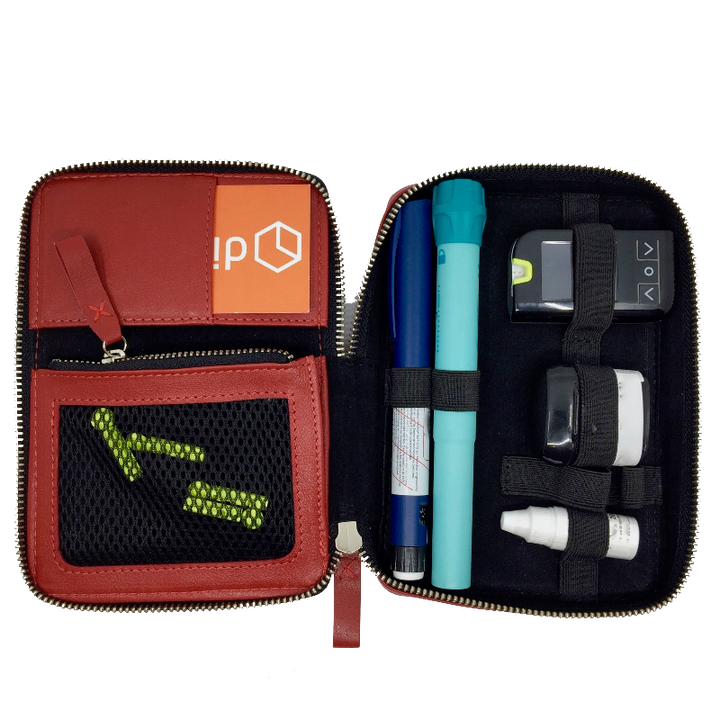 Diabetes Zubehörtasche diabag ''ONE plus'' Rindnappa Leder Rot Innenleben