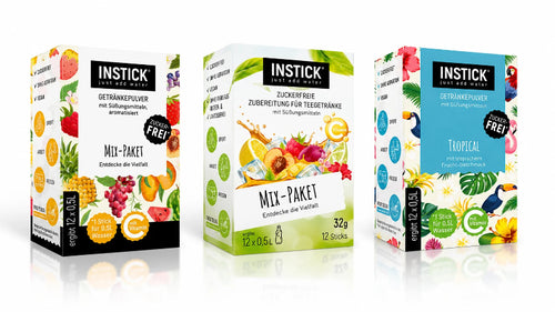 Poudre pour boisson INSTICK lot de 3 x 12 sachets : mélange, thé glacé à mélanger et tropical