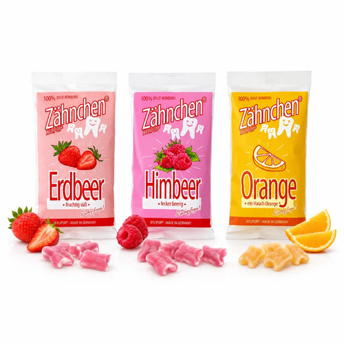 Zähnchen Xylit-Bonbons 3er-Sparset: Erdbeere, Himbeere & Orange, Xylit Zähnchen