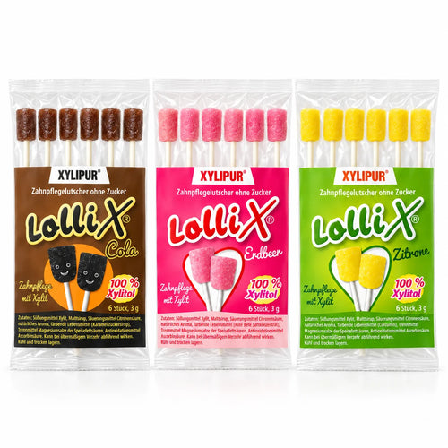 Zahnpflege-Lolli 18er-Sparset: 6x Cola, 6x Erdbeere & 6x Lemon, Xylit Lolli