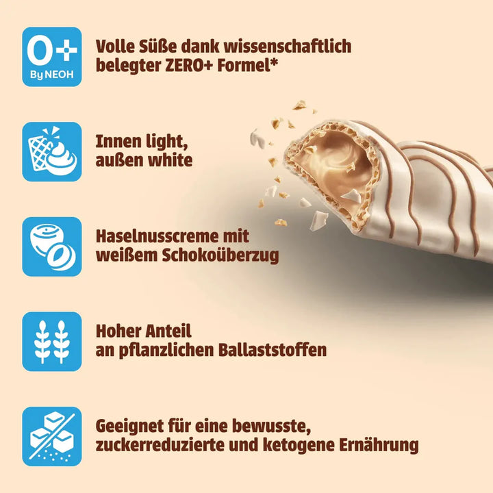 NEOH Crispy Cream WHITE 20x gaufrette sans sucre avec fourrage crème noisette (3,4 g de glucides assimilables* par barre)