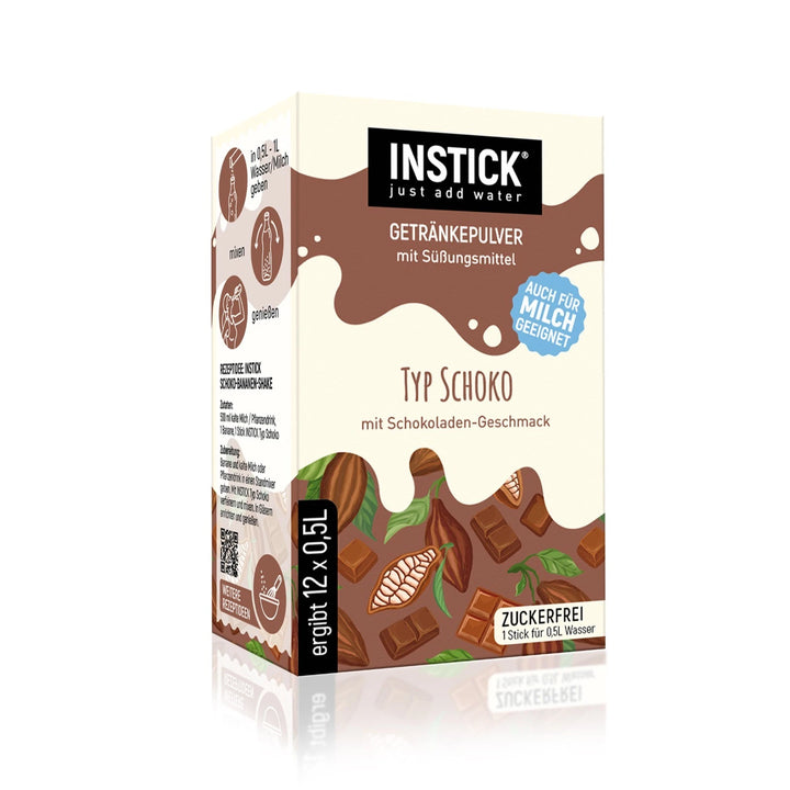 INSTICK Chocolate flavor for 12 x 0.5 l: 12x drink powder for sugar-free beverages, vegan (no carbs/BE)