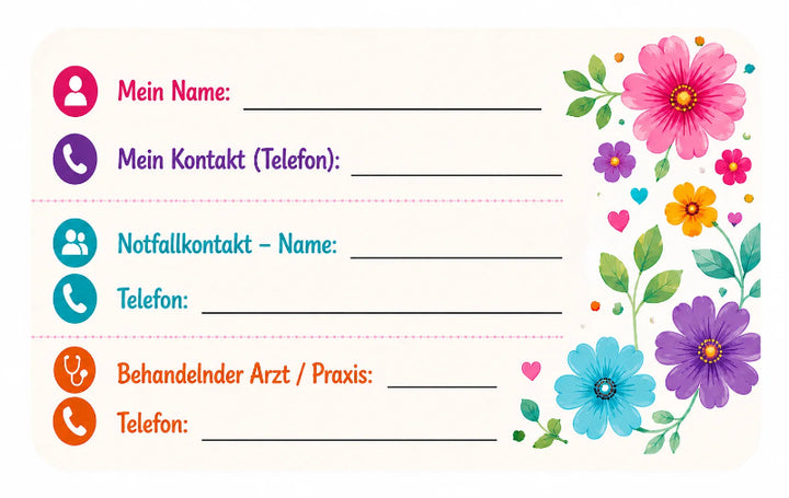 Zuckerschmuck Medical ID Karte für Diabetiker ''Flowers'' Hinten