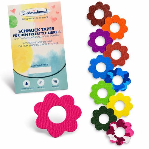 Lot économique 10+1 SCHMUCK Ring Tape Fleur Mix : patch sensoriel, par ex. pour Libre 3 Plus & Freestyle Libre 3 | Pansement étanche, décoratif