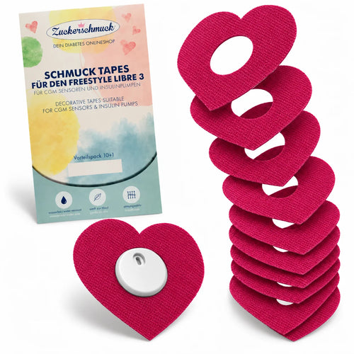 Value Pack 10+1 DECORATIVE Ring Tape Heart Pink: Sensor Tape, e.g., for Libre 3 Plus & Freestyle Libre 3 Sensor | Waterproof, decorative patch
