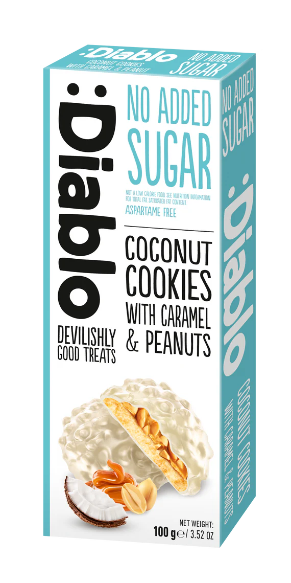 Diablo zuckerfreie Kokoskekse mit Karamell und Erdnüssen (100g) nur 3,3 g anrechenb. KH/pro Cookie