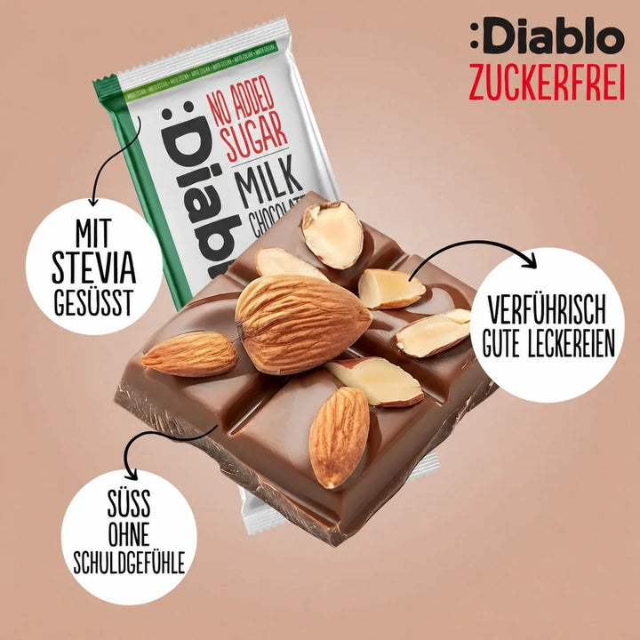 Diablo sans sucre : chocolat au lait aux amandes (75 g, seulement 6 g de glucides comptabilisables* par tablette)