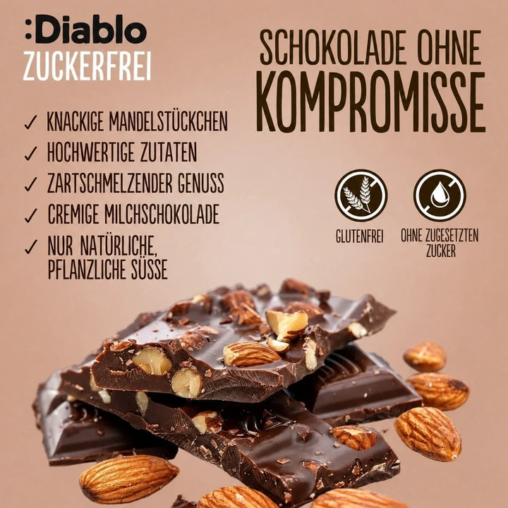 Diablo sans sucre : chocolat au lait aux amandes (75 g, seulement 6 g de glucides comptabilisables* par tablette)