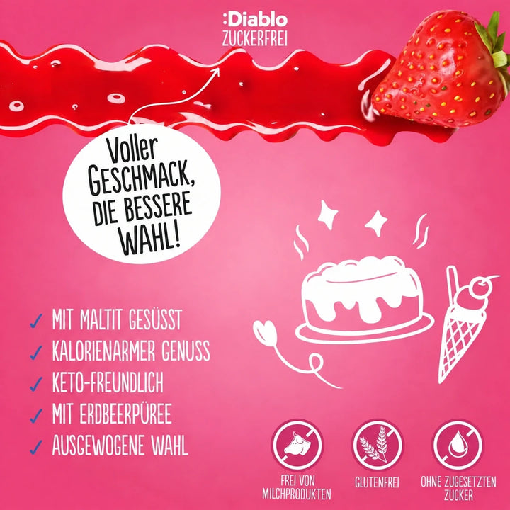 Diablo sugar-free: strawberry dessert sauce (290 ml, only 0,9 g of countable carbs* per 30 g serving)