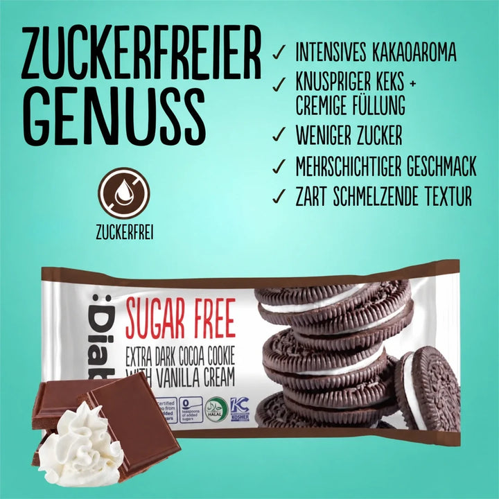 Diablo Kekse: zuckerfreie dunkle Sandwich-Kekse mit Vanillecreme (176 g, einzeln verpackt, nur 4,5 g KH je Cookie)