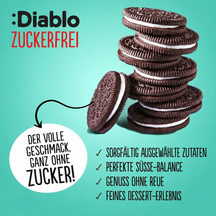 Diablo Kekse: zuckerfreie dunkle Sandwich-Kekse mit Vanillecreme (176 g, einzeln verpackt, nur 4,5 g KH je Cookie)
