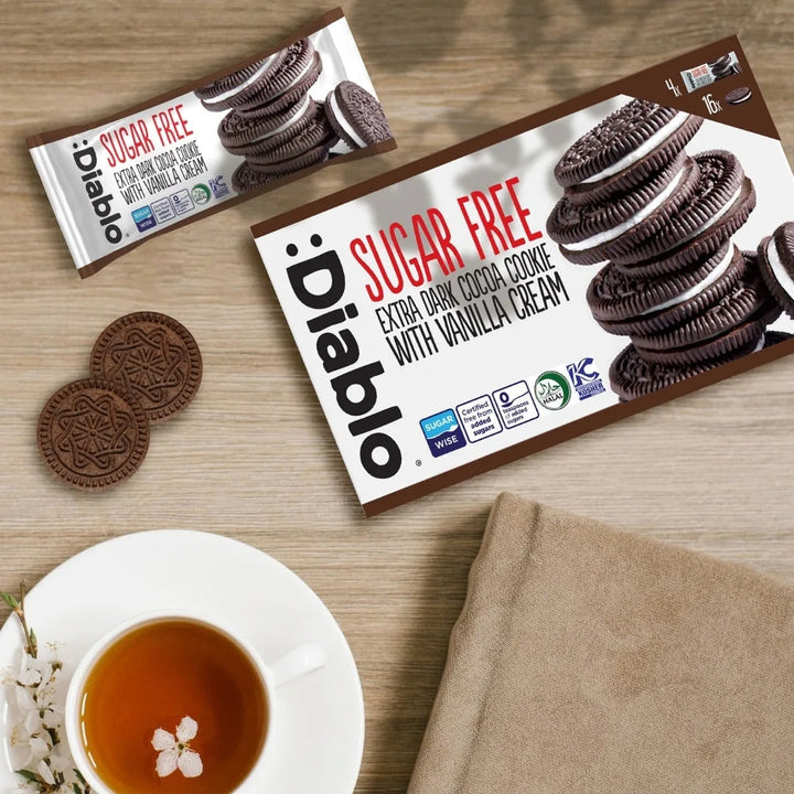 Diablo Kekse: zuckerfreie dunkle Sandwich-Kekse mit Vanillecreme (176 g, einzeln verpackt, nur 4,5 g KH je Cookie)