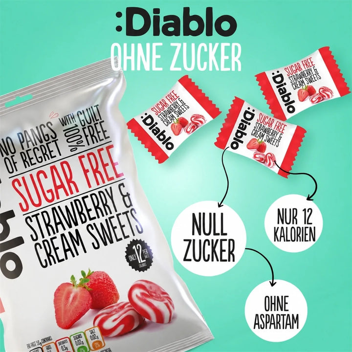 Bonbons Diablo à la fraise et à la crème sans sucre, bonbons sans sucre (75 g, 0,6 g de glucides* calculables pour 100 g)