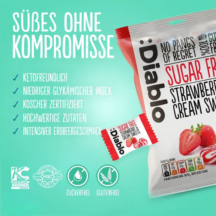 Bonbons Diablo à la fraise et à la crème sans sucre, bonbons sans sucre (75 g, 0,6 g de glucides* calculables pour 100 g)