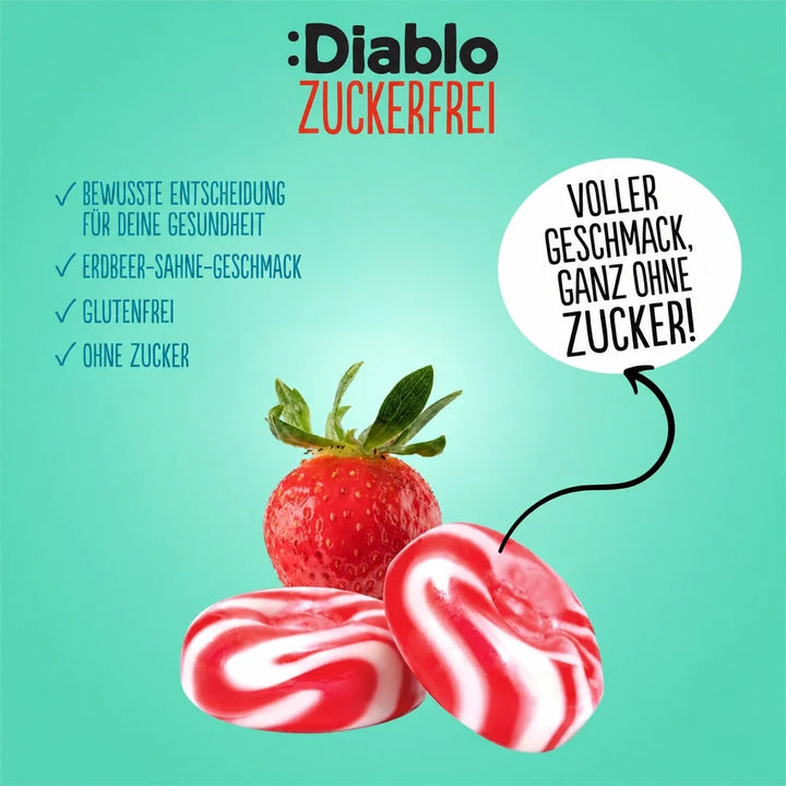 Bonbons Diablo à la fraise et à la crème sans sucre, bonbons sans sucre (75 g, 0,6 g de glucides* calculables pour 100 g)