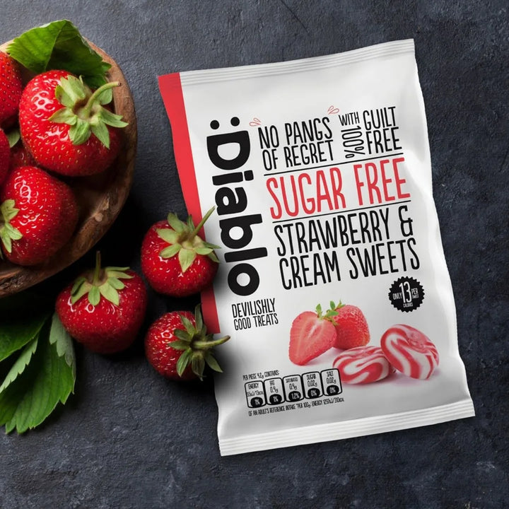Bonbons Diablo à la fraise et à la crème sans sucre, bonbons sans sucre (75 g, 0,6 g de glucides* calculables pour 100 g)