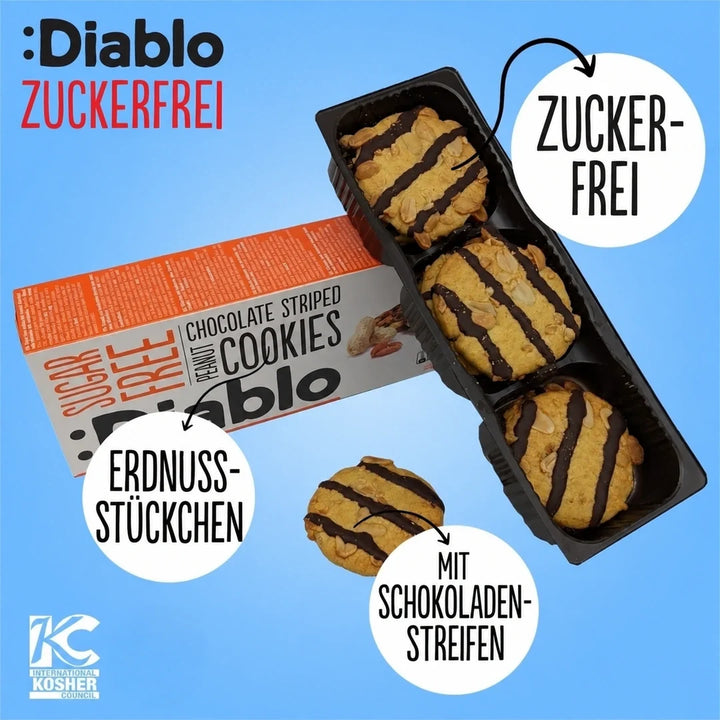 Biscuits Diablo : biscuits aux cacahuètes sans sucre avec rayures au chocolat (150 g, 6,4 g de glucides comptabilisables par biscuit)