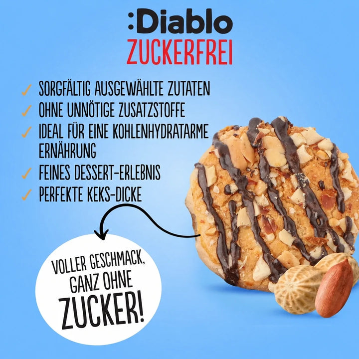 Biscuits Diablo : biscuits aux cacahuètes sans sucre avec rayures au chocolat (150 g, 6,4 g de glucides comptabilisables par biscuit)
