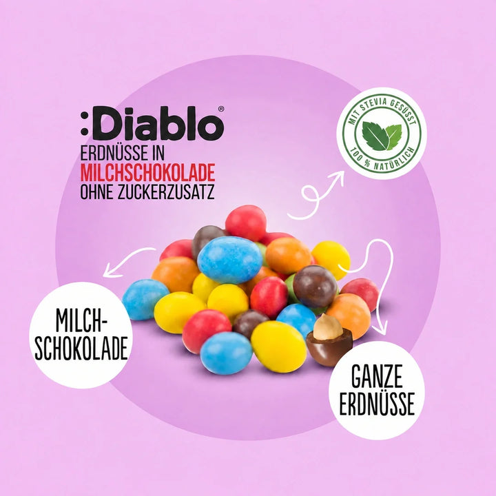 Diablo Zuckerfrei: bunte Erdnüsse umhüllt von Milchschokolade (40 g, 5,6 g anrechenbare KH*)
