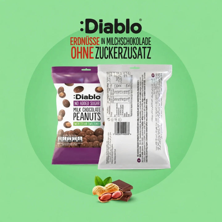 Diablo sugar-free: peanuts coated in fine milk chocolate (40 g, 2,4 g of countable carbs*)