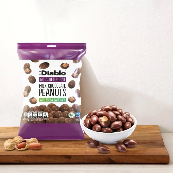 Diablo sugar-free: peanuts coated in fine milk chocolate (40 g, 2,4 g of countable carbs*)