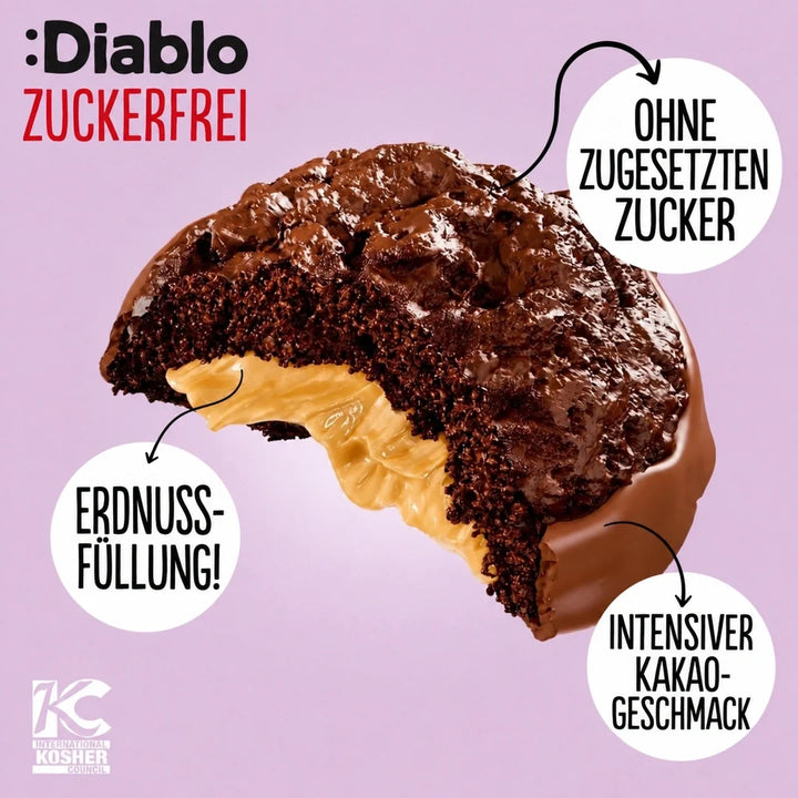 Diablo sans sucre : cookies, biscuits au cacao avec cacahuètes, trempés dans du chocolat au lait entier (110 g, 5 g de glucides comptabilisables* par portion)