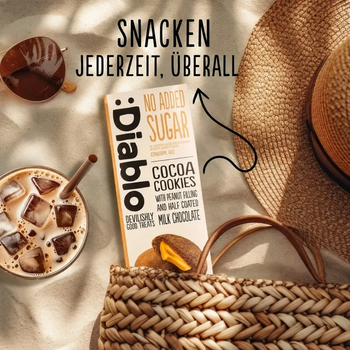 Diablo sans sucre : cookies, biscuits au cacao avec cacahuètes, trempés dans du chocolat au lait entier (110 g, 5 g de glucides comptabilisables* par portion)