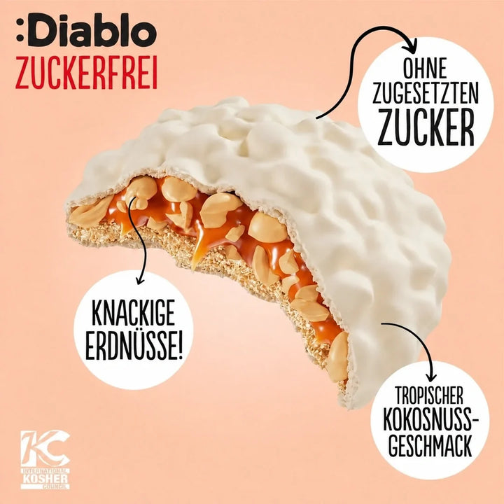 Diablo Zuckerfrei: Coconut Cookies, Kokoskekse mit Karamell und Erdnüssen (100 g, 5 g anrechenbare KH* je Portion)