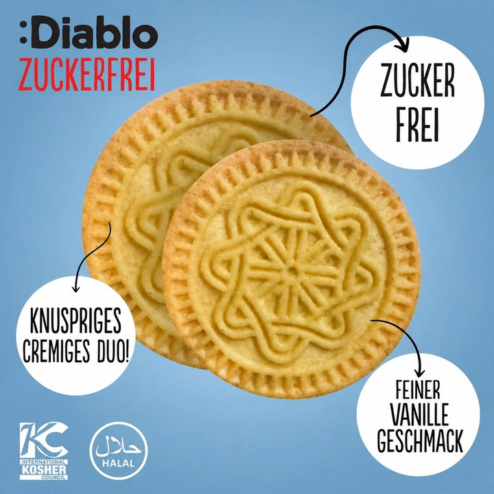 Diablo cookies: sugar-free sandwich vanilla cookies with cocoa cream, individually packaged (176 g, 3 g of countable carbs* per cookie)