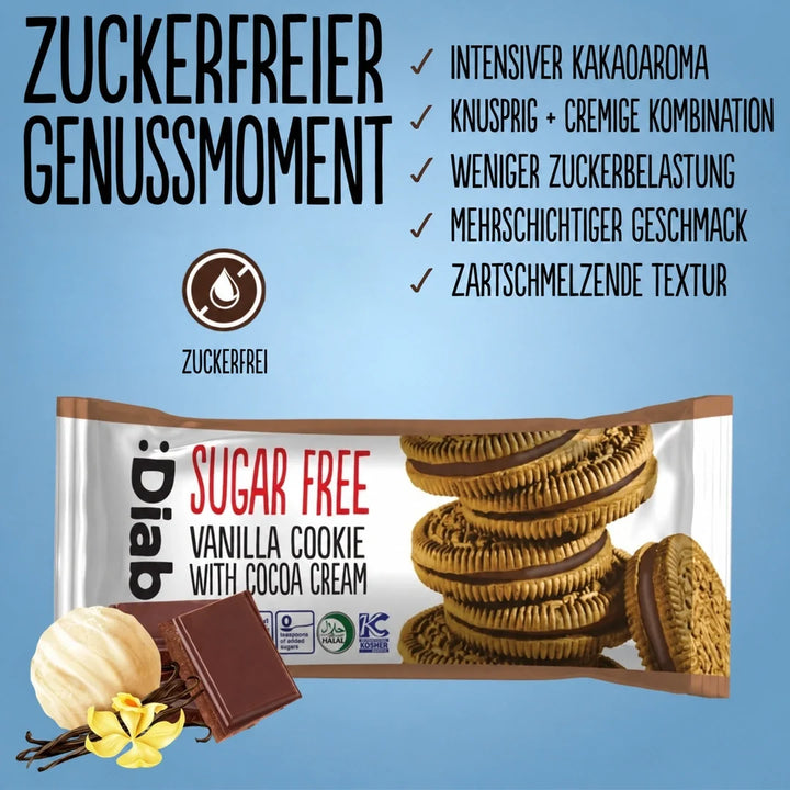 Diablo cookies: sugar-free sandwich vanilla cookies with cocoa cream, individually packaged (176 g, 3 g of countable carbs* per cookie)