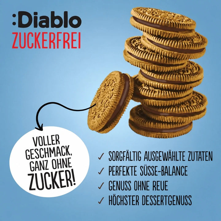 Diablo cookies: sugar-free sandwich vanilla cookies with cocoa cream, individually packaged (176 g, 3 g of countable carbs* per cookie)
