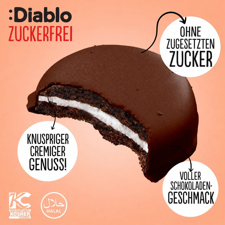 Diablo sugar-free: chocolate cream cookies, individually wrapped (136 g, 7,2 g of countable carbs* per serving)