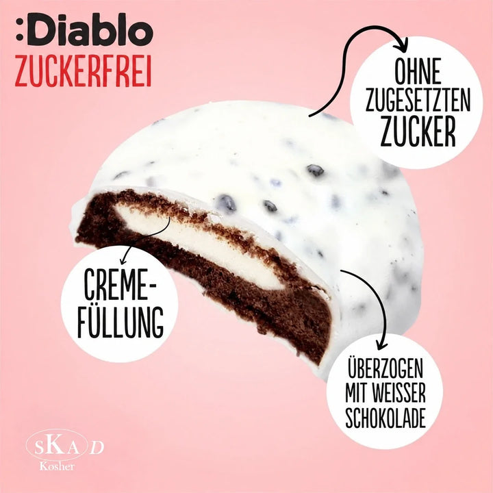 Diablo sugar-free: cookies, white chocolate cookies with milk cream (128 g, 3,2 g of countable carbs* per cookie)