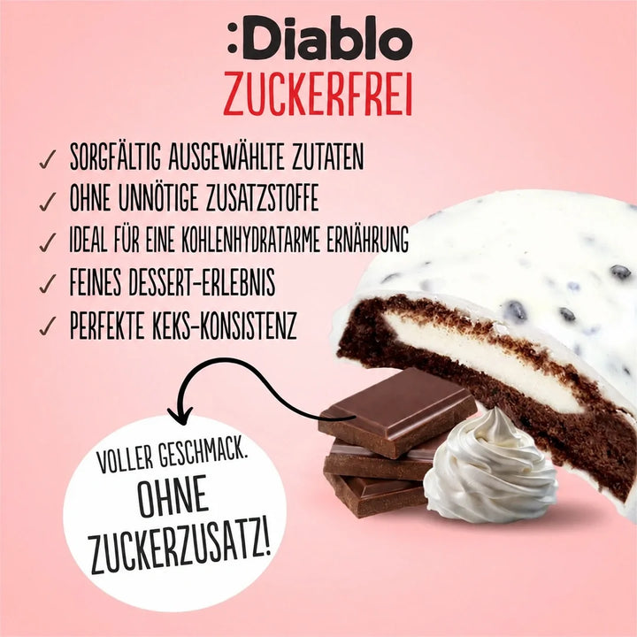 Diablo sugar-free: cookies, white chocolate cookies with milk cream (128 g, 3,2 g of countable carbs* per cookie)