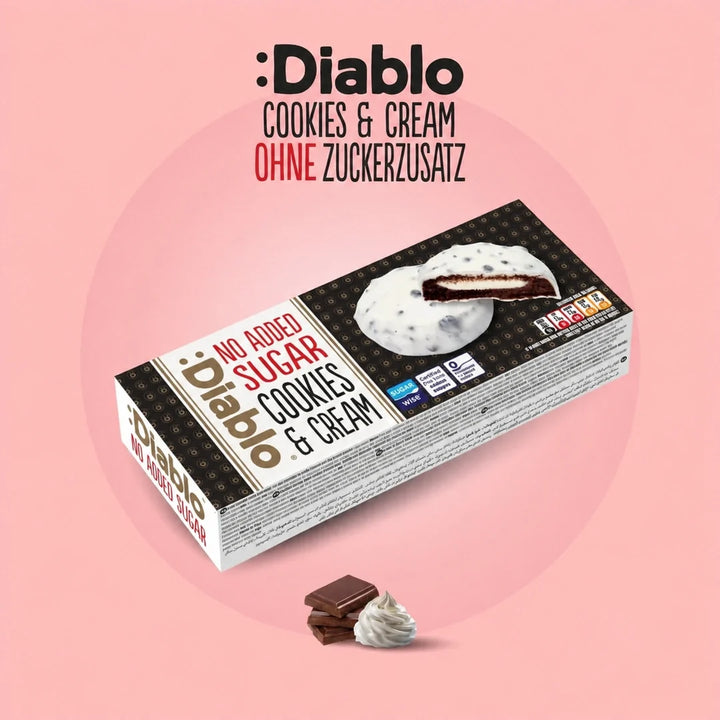 Diablo sugar-free: cookies, white chocolate cookies with milk cream (128 g, 3,2 g of countable carbs* per cookie)