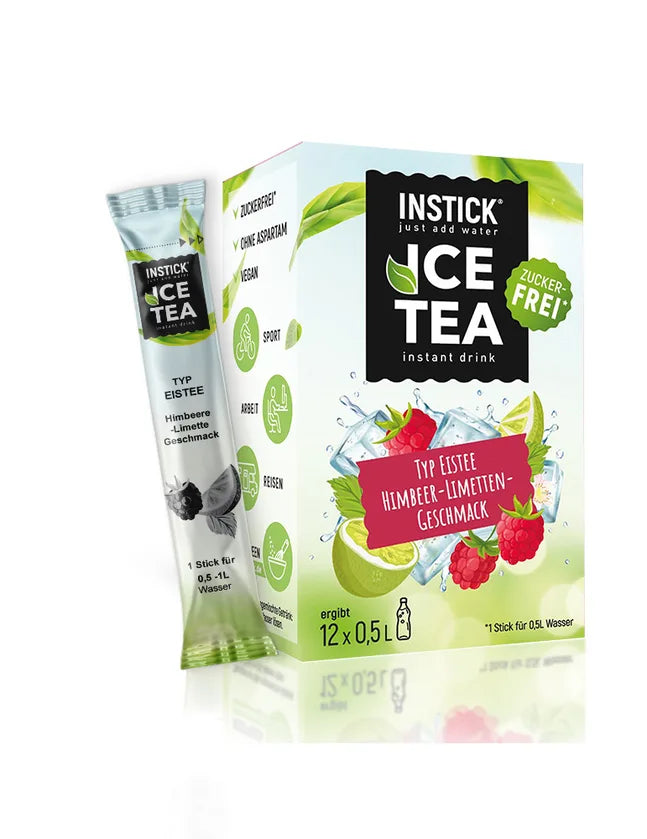 INSTICK Ice Tea Himbeer Limette 12x Getränkepulver für Eistee ohne Zucker, vegan (12 x 0,5 l, ohne KH/BE)