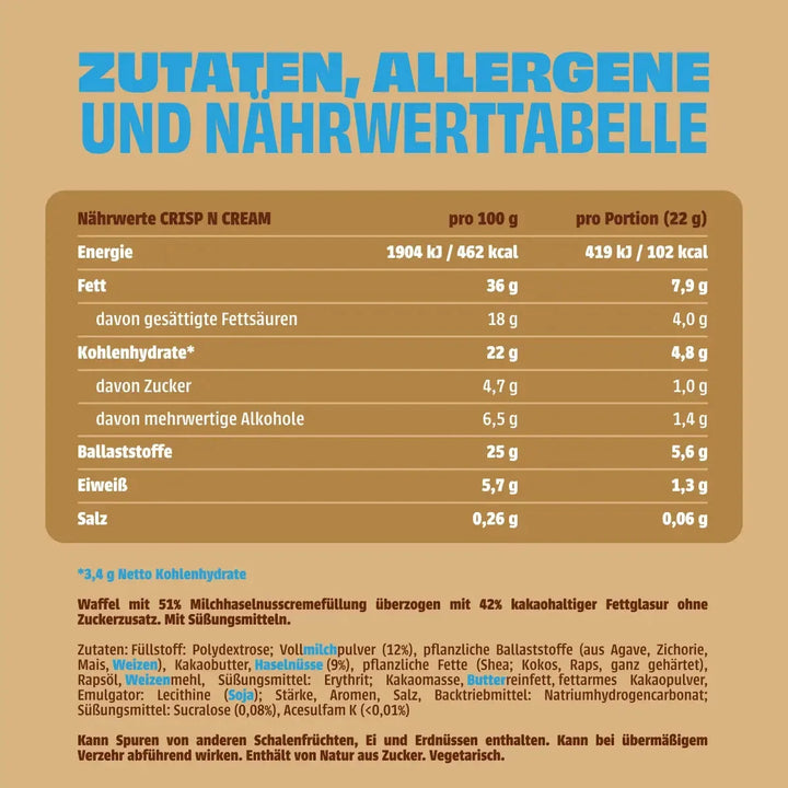 NEOH Crisp N Cream, 3x Waffel ohne Zucker mit Haselnusscremefüllung (3,4 g anrechenbare KH* je Riegel)